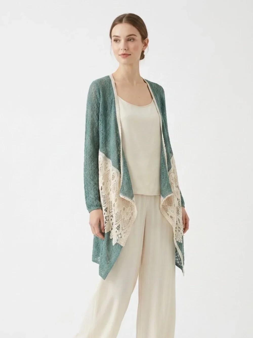 Ryu Cardigan Crochet Lace Open Sheer Boho Shabby Chic Green Cream S